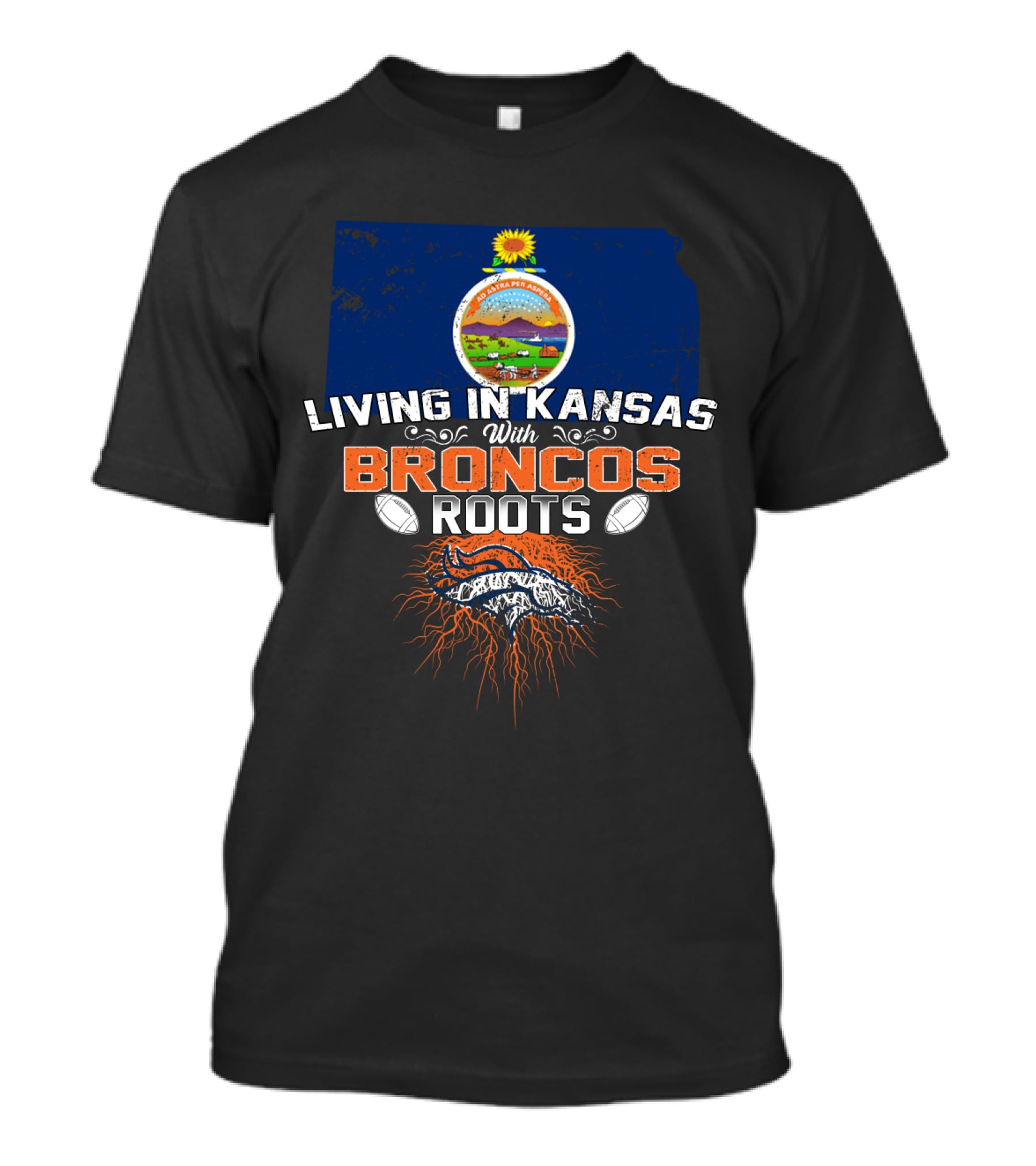 Living In Kansas With Broncos Roots Map And Seal T-Shirt