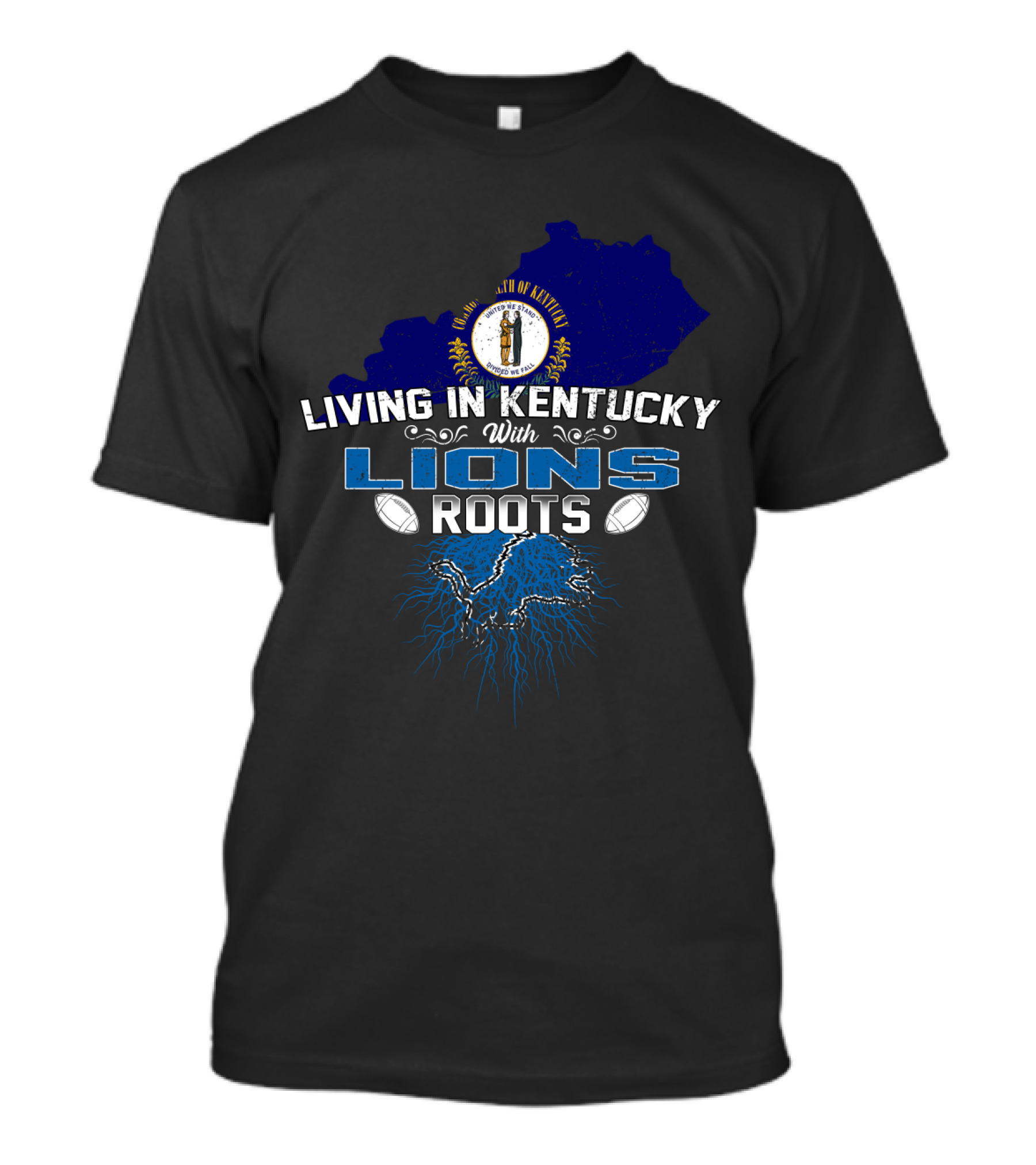 Living In Kentucky With Detroit Lions Football Roots And Kentucky State Map T-Shirt
