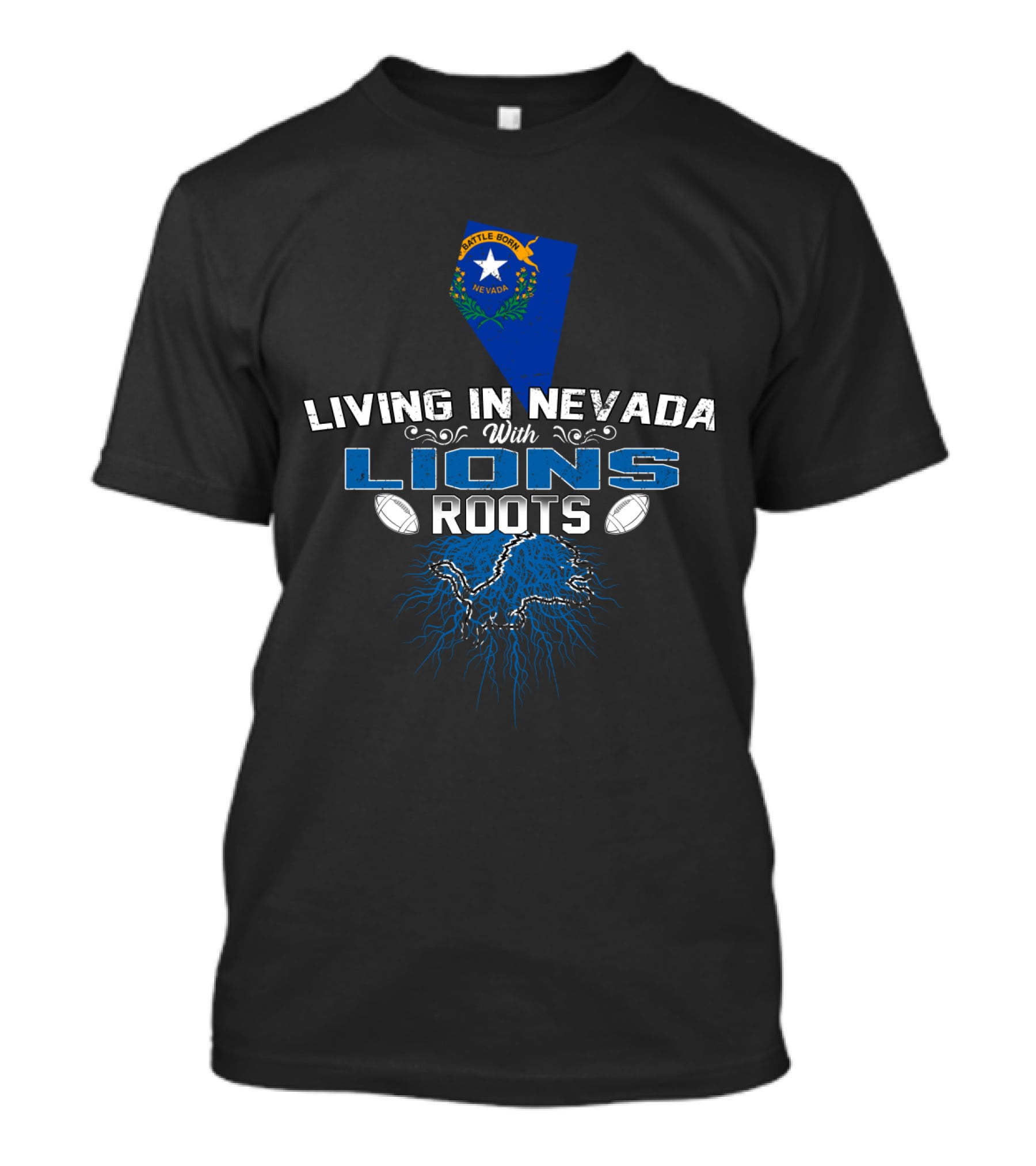 Living In Nevada With Detroit Lions Roots And State Flag T-Shirt