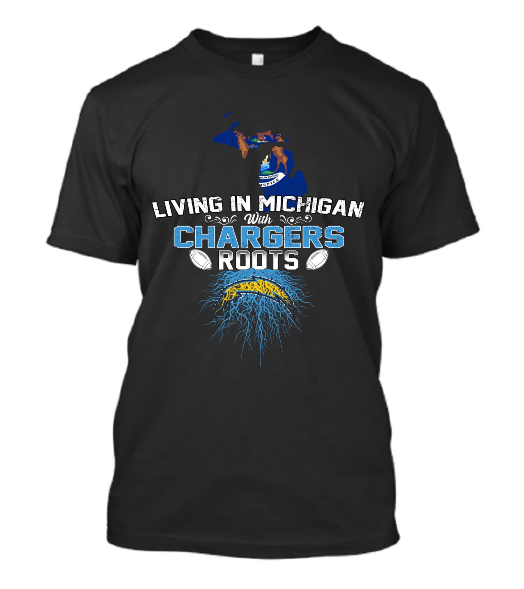 Living In Michigan Proudly Showing Chargers Heritage With Iconic Football T-Shirt