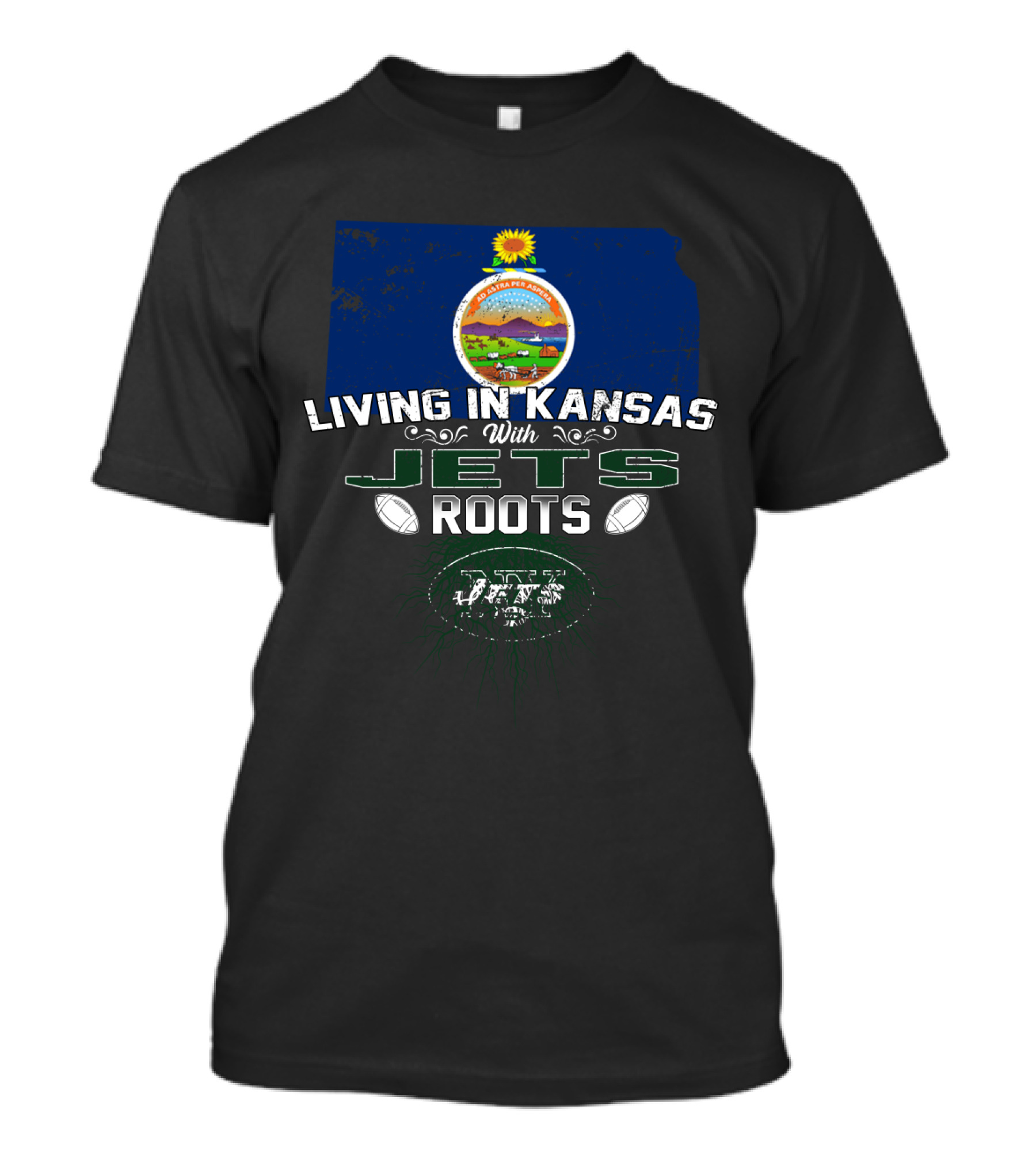 Living In Kansas With New York Jets Roots Football Connection T-Shirt