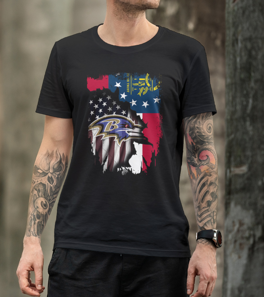 Georgia Flag With Baltimore Ravens American Flag Overlay T-Shirt