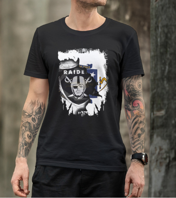 Massachusetts State Flag And Raiders Logo Fusion T-Shirt
