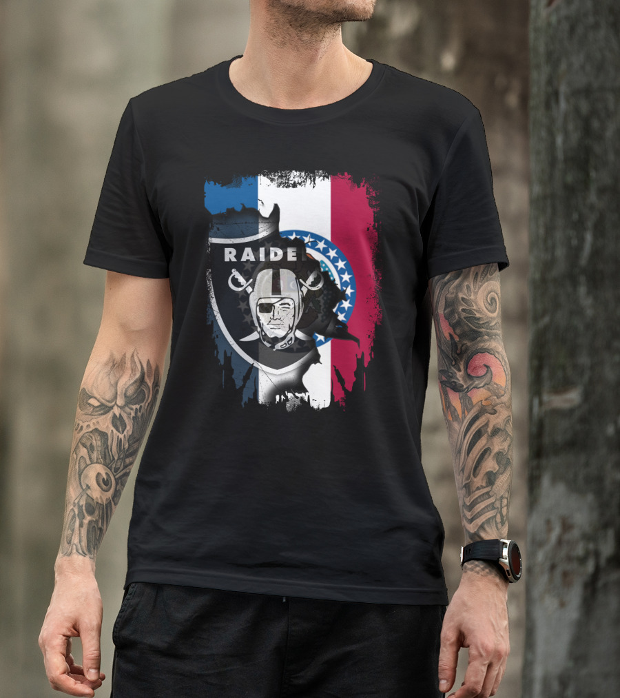 Missouri Flag With Raiders Shield Overlaid T-Shirt