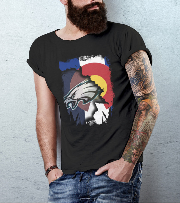Colorado Flag With Philadelphia Eagles Head Emblem T-Shirt