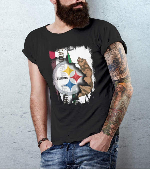California Bear With Steelers Logo Fusion T-Shirt