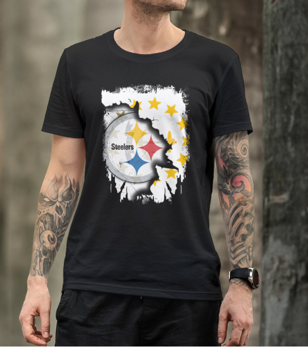 Steelers Logo With Rhode Island Stars And Torn Effect T-Shirt