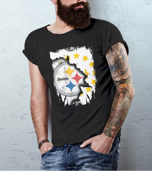 Steelers Logo With Rhode Island Stars And Torn Effect T-Shirt