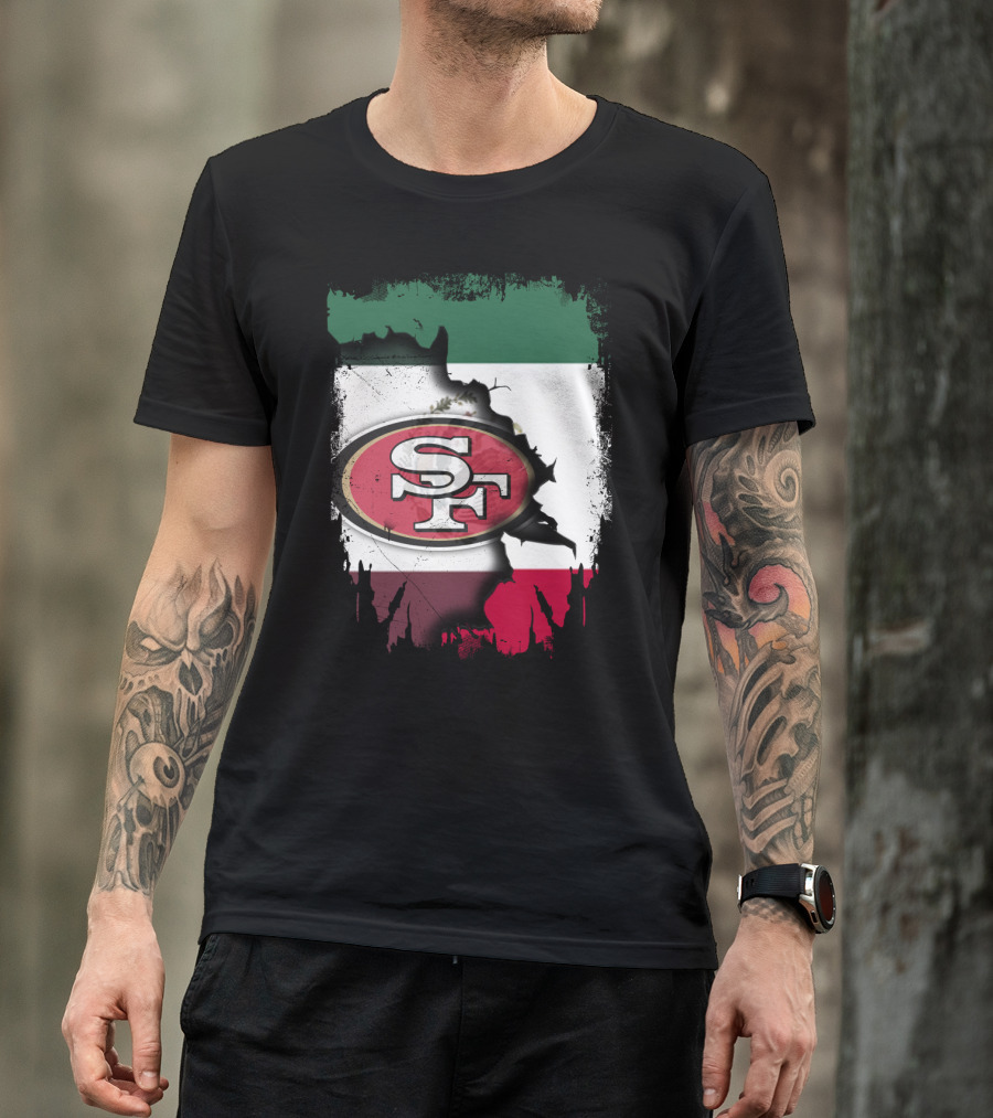 Together Mexico With 49ers SF Logo Mexican Flag Background T-Shirt