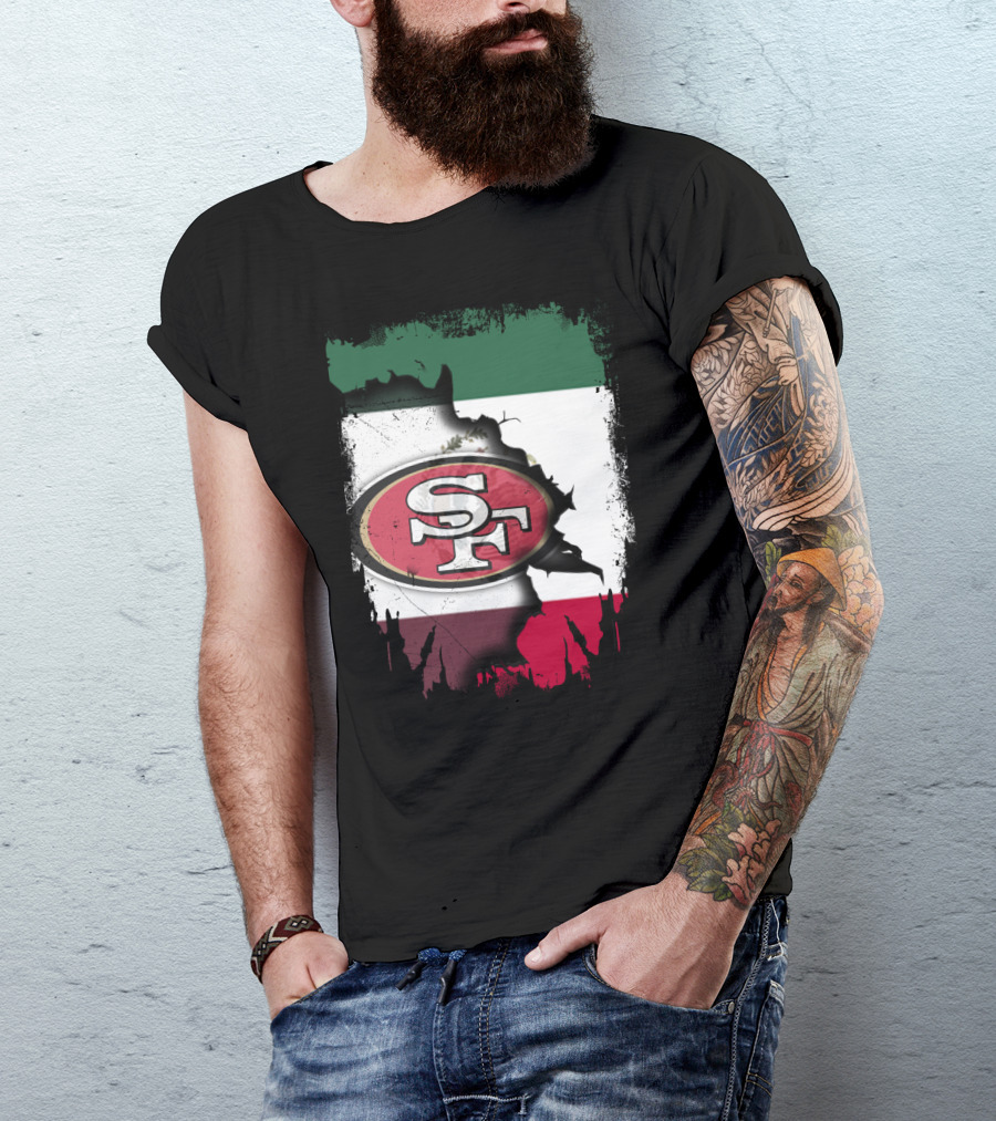 Together Mexico With 49ers SF Logo Mexican Flag Background T-Shirt