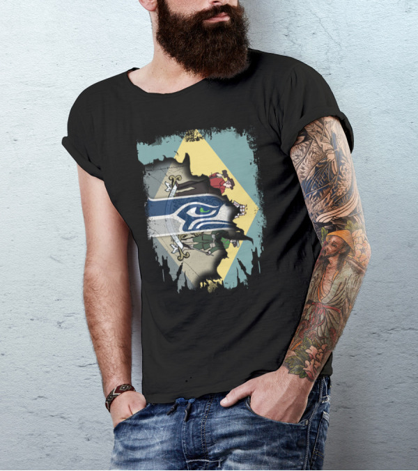 Delaware Flag With Seahawks Logo Fusion T-Shirt