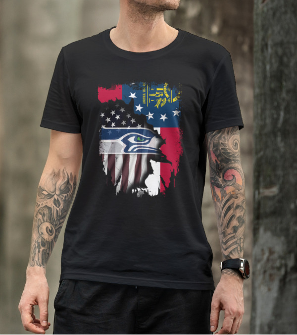 Georgia State Flag With Seahawks Logo And American Flag Elements T-Shirt