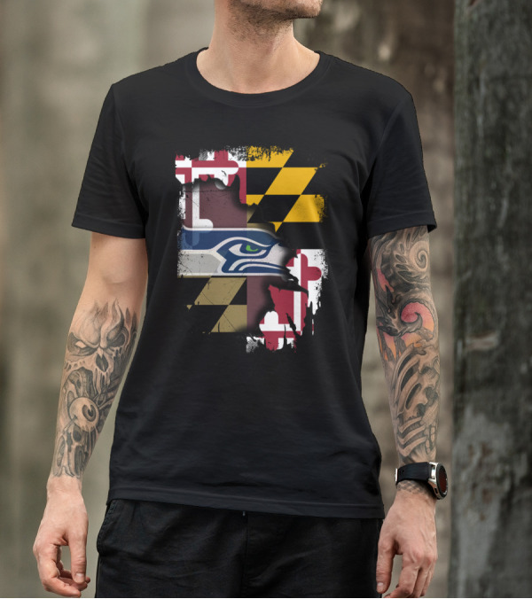Maryland Flag And Seahawks Logo Blend T-Shirt
