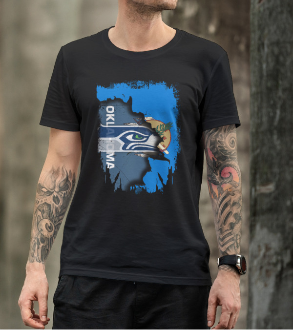 Oklahoma Flag With Seattle Seahawks Logo Fusion T-Shirt