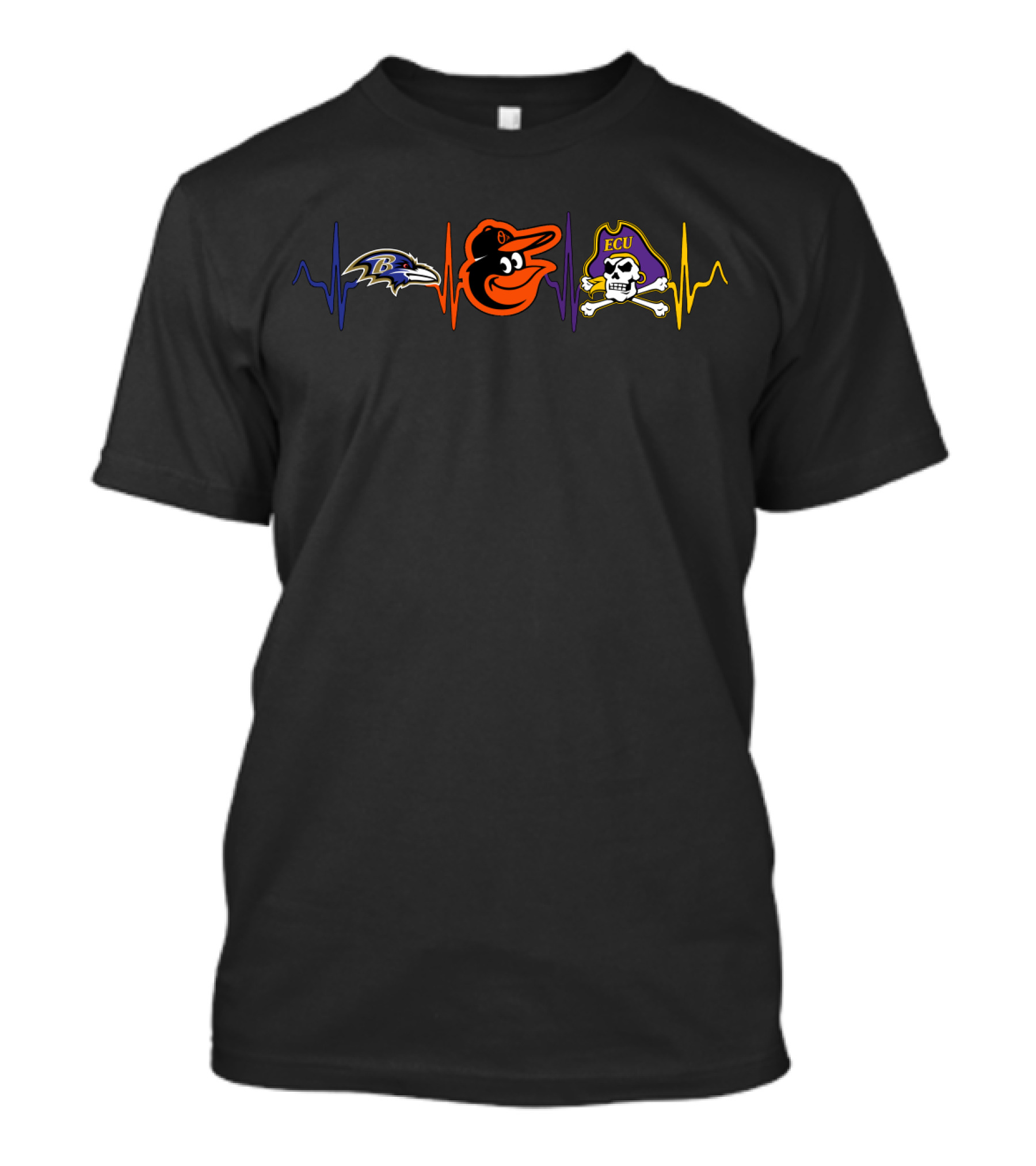 Baltimore Ravens Orioles Ecu Pirates Heartbeat Logos T-Shirt