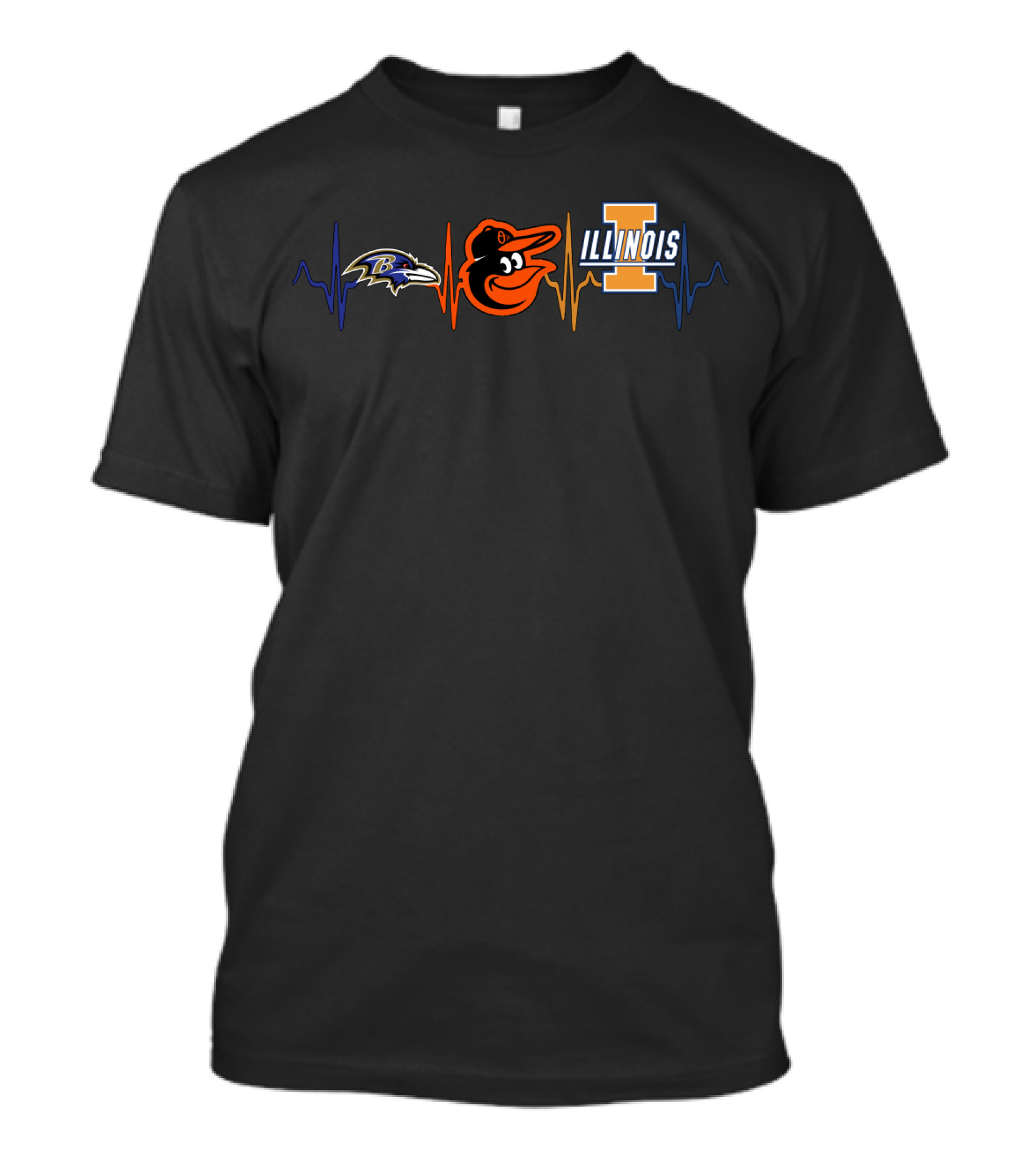 Baltimore Ravens And Orioles With Illinois Fighting Illini Heartbeat T-Shirt