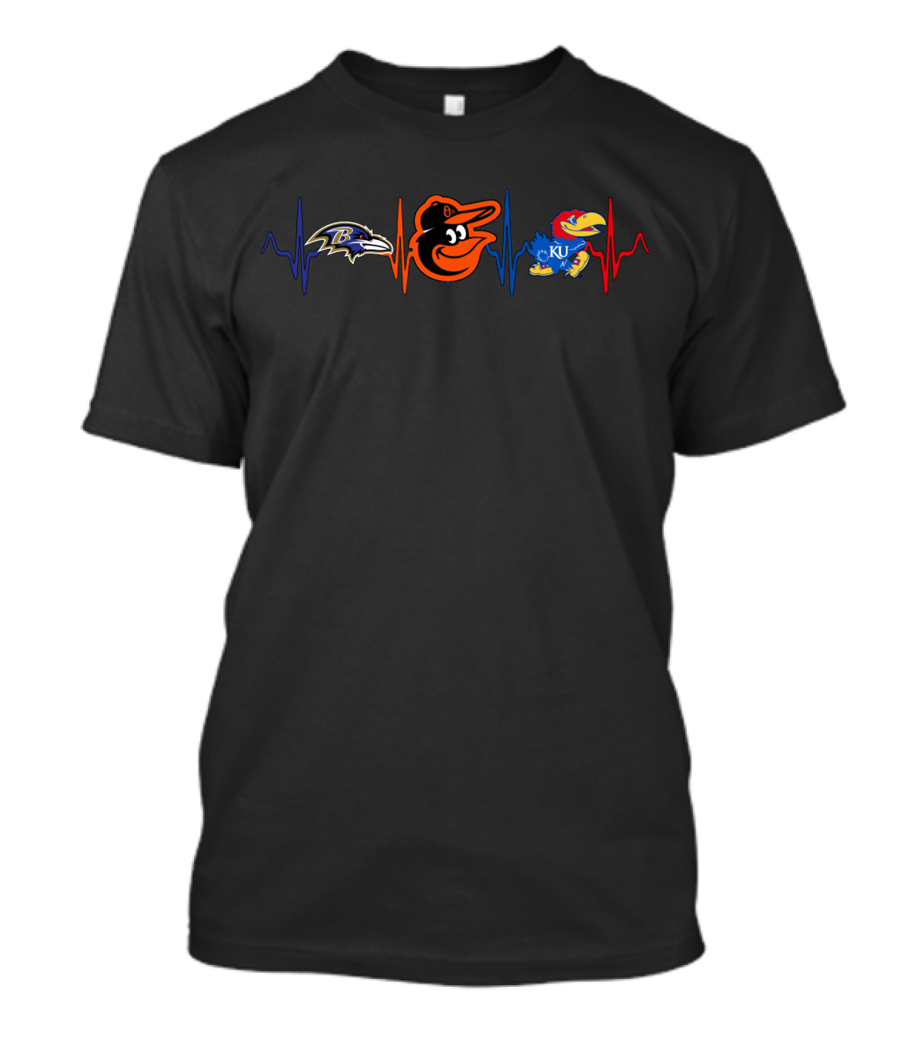 Baltimore Ravens Baltimore Orioles Kansas Jayhawks Heartbeat T-Shirt