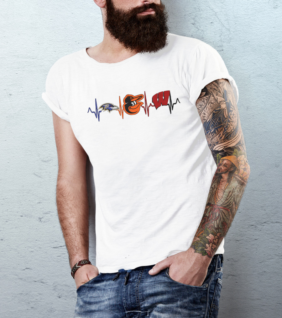 Baltimore Ravens Baltimore Orioles Wisconsin Badgers Heartbeat T-Shirt