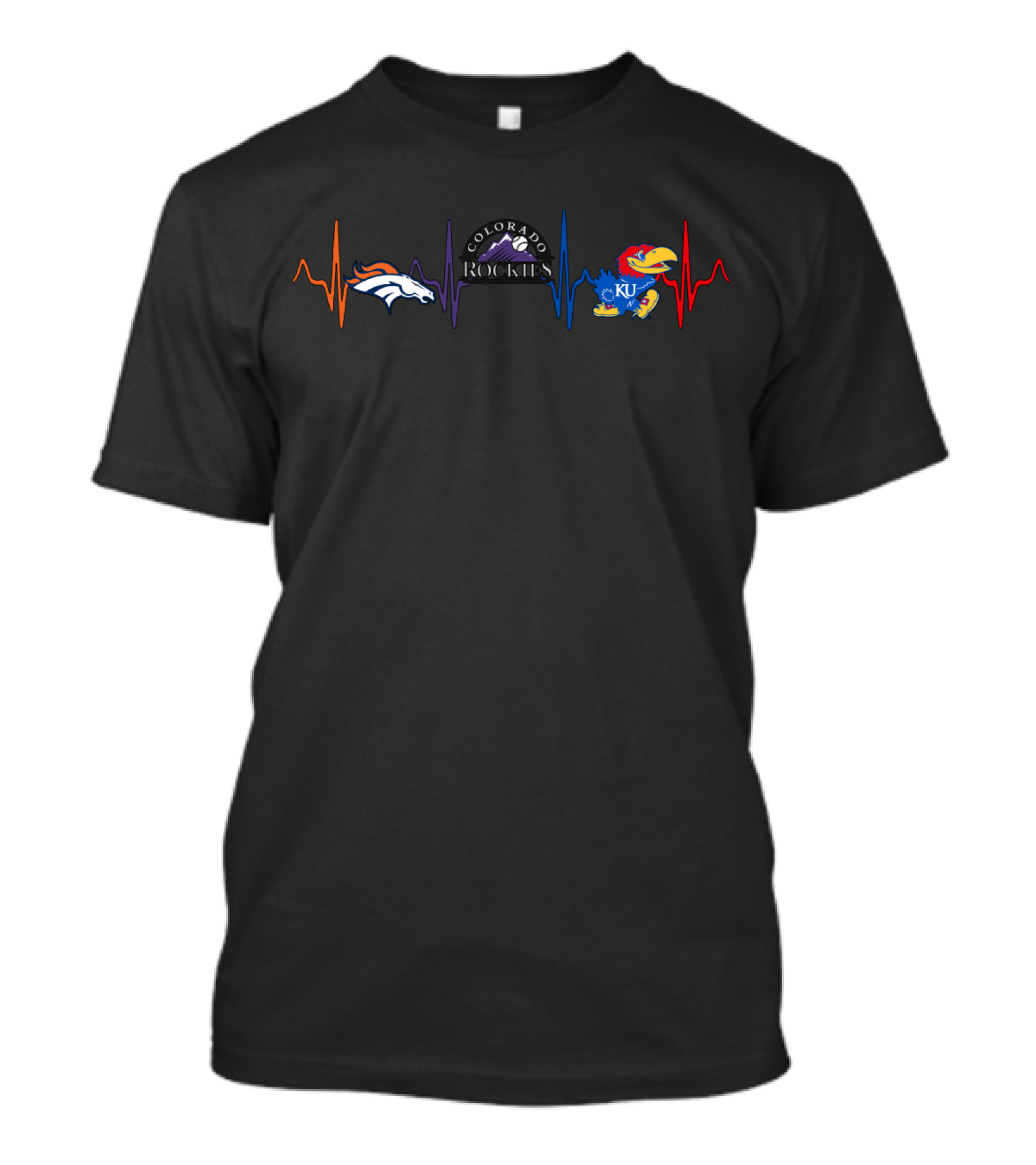 Love For Broncos Colorado Rockies Ku Jayhawks Heartbeat T-Shirt