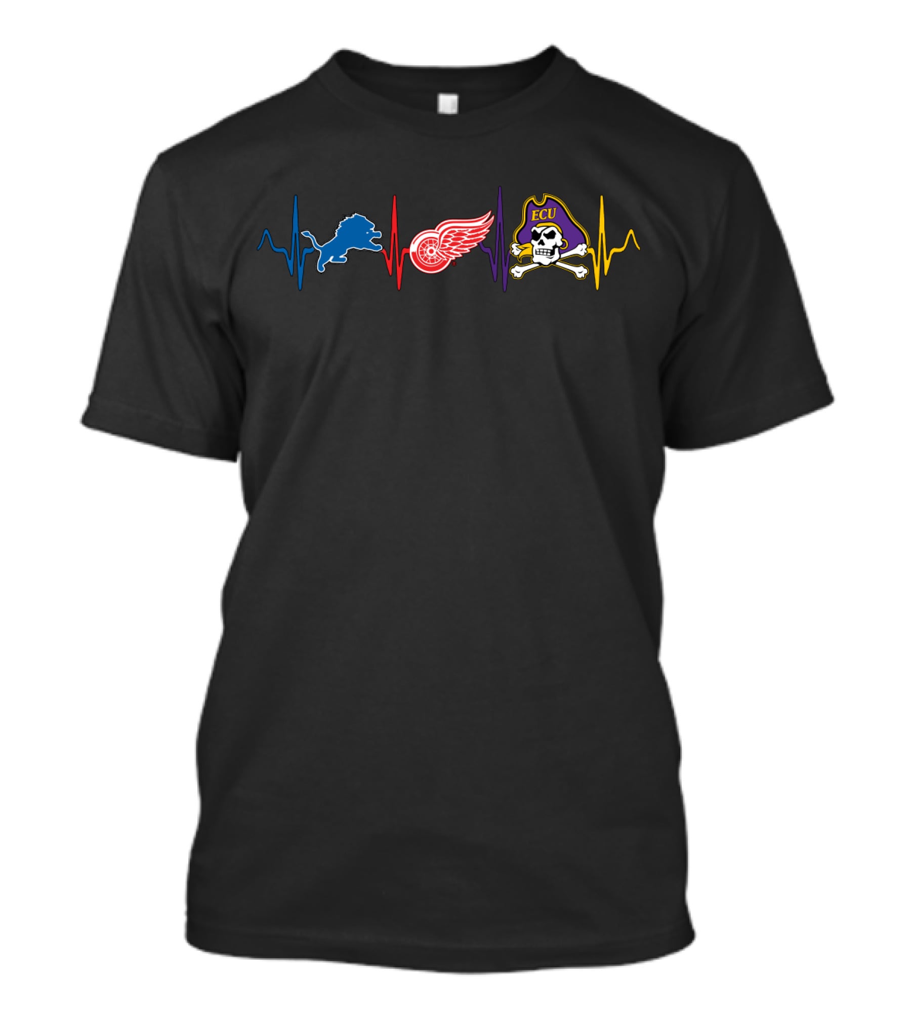 Detroit Lions Red Wings Ecu Pirates Heartbeat T-Shirt