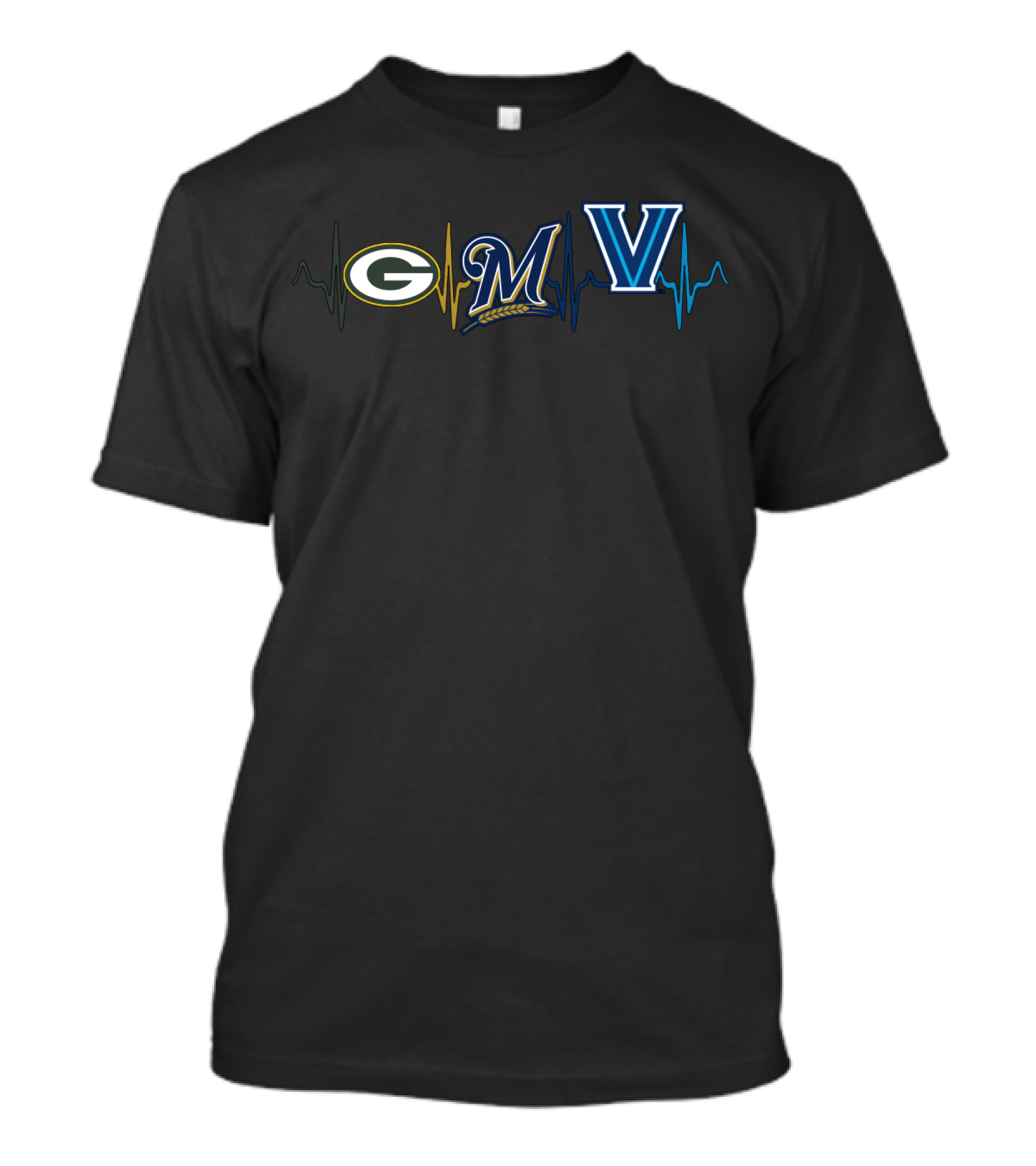 Love Green Bay Packers Milwaukee Brewers Villanova Wildcats Heartbeat T-Shirt