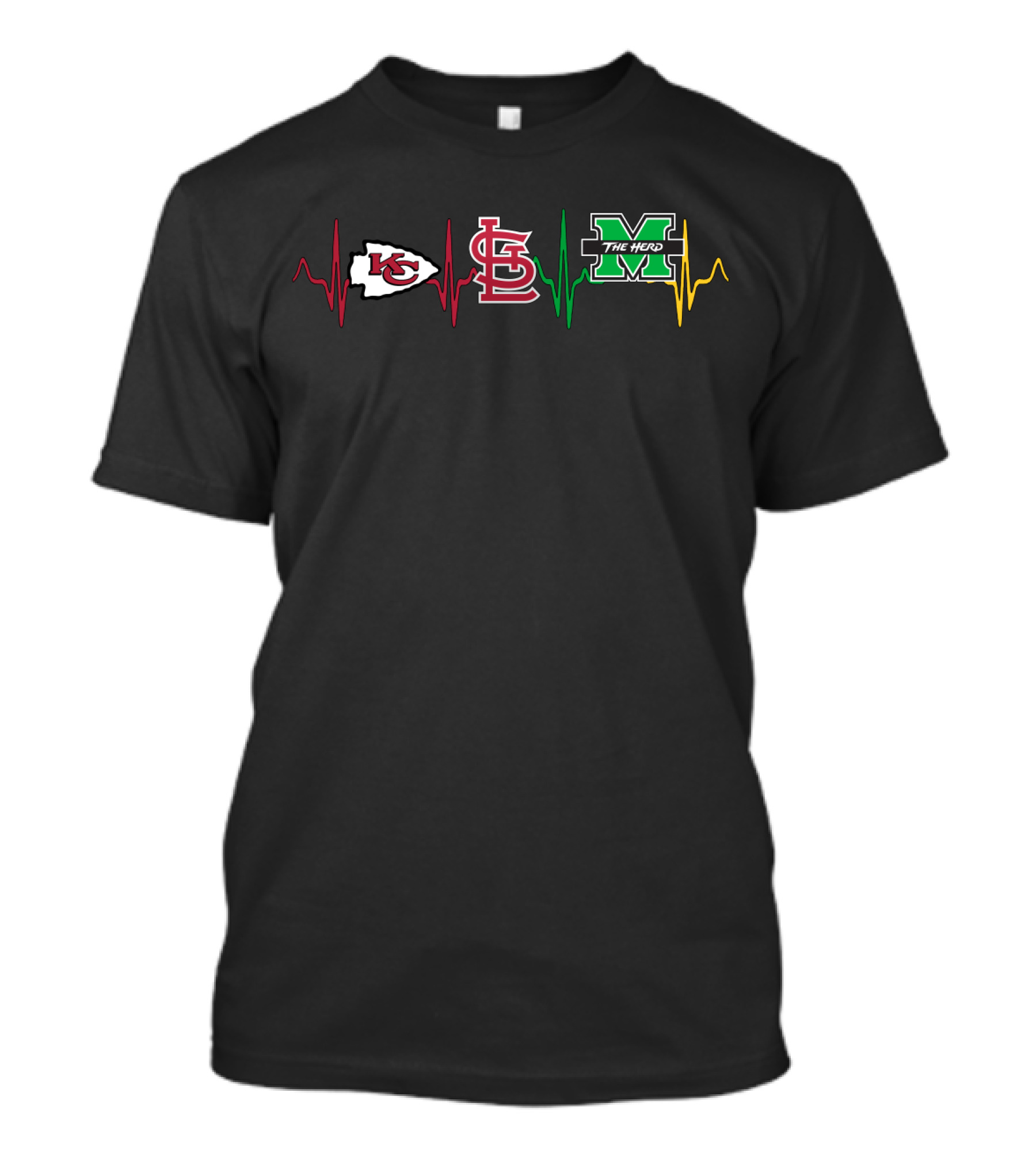 Kansas City Chiefs And St. Louis Cardinals With Marshall Thundering Herd Heartbeat T-Shirt