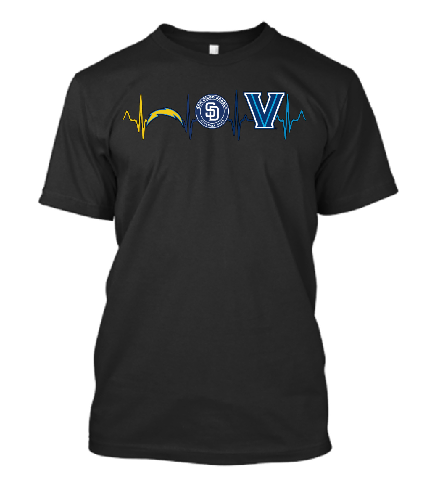 Love Chargers San Diego Padres Villanova Logos Heartbeat T-Shirt