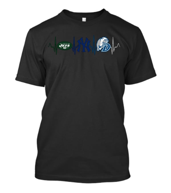 Love New York Jets Yankees And Drake Bulldogs Sports Fan Heartbeat T-Shirt
