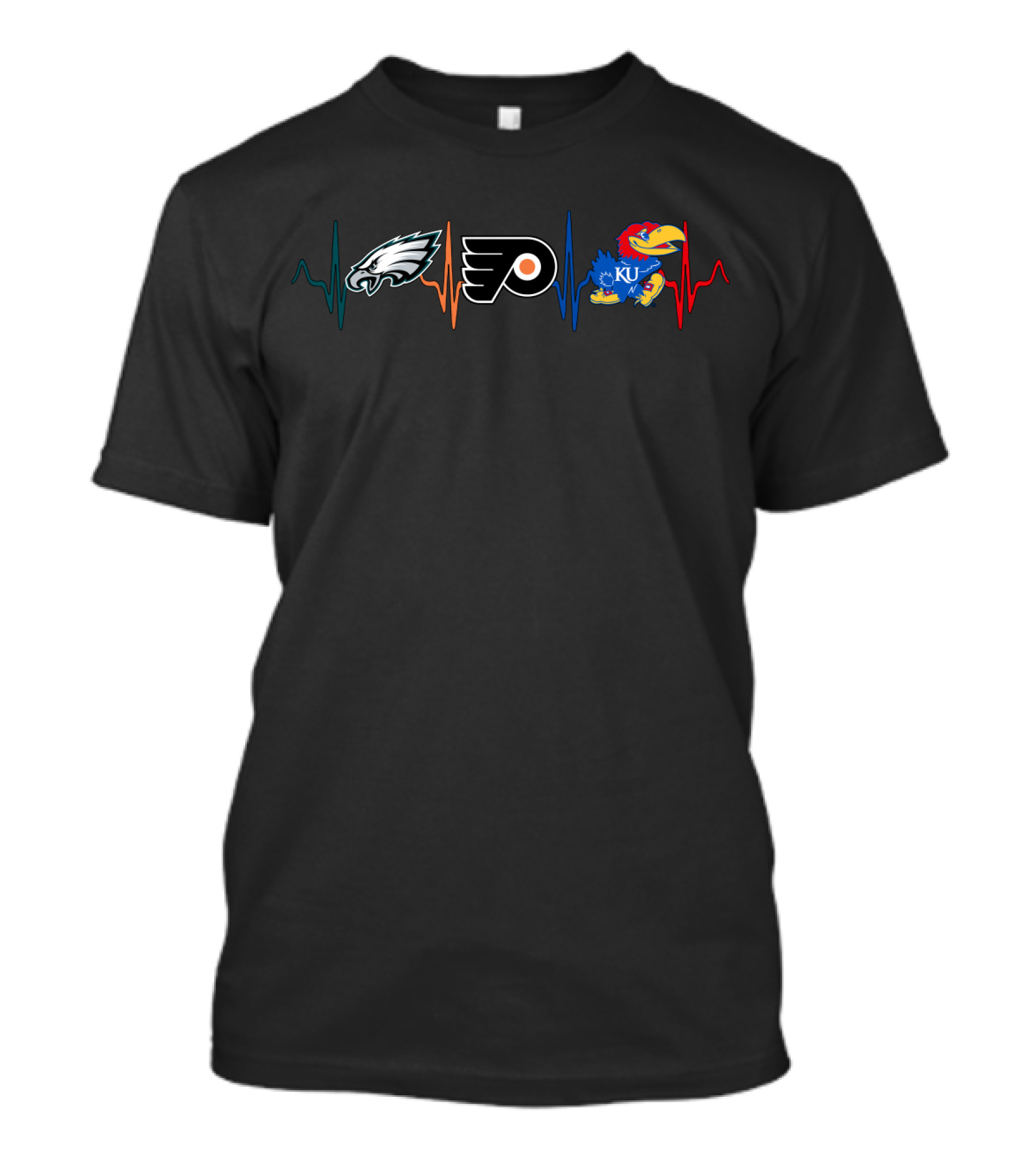 Philadelphia Eagles And Flyers Heartbeat With Kansas Jayhawks Ku T-Shirt