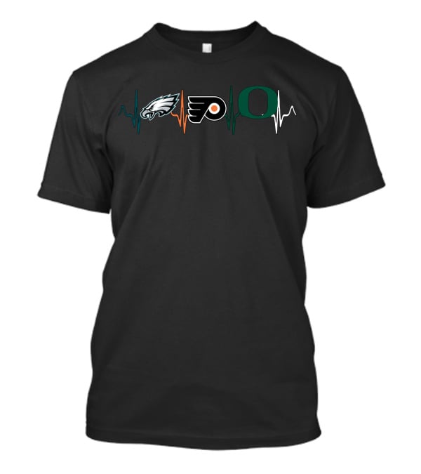 Love Eagles Philly Flyers Oregon Ducks Football And Hockey Fan Heartbeat T-Shirt