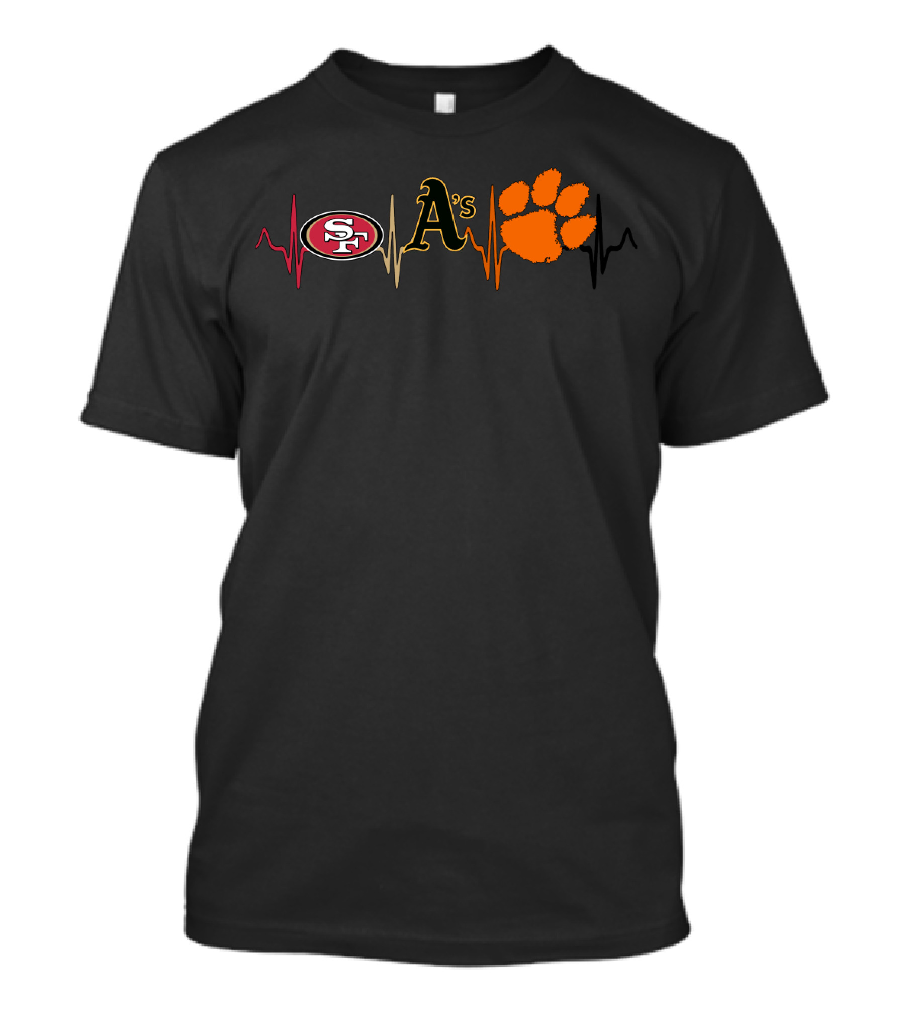 49ers Logo With Athletics A's And Paw On Heartbeat Line T-Shirt