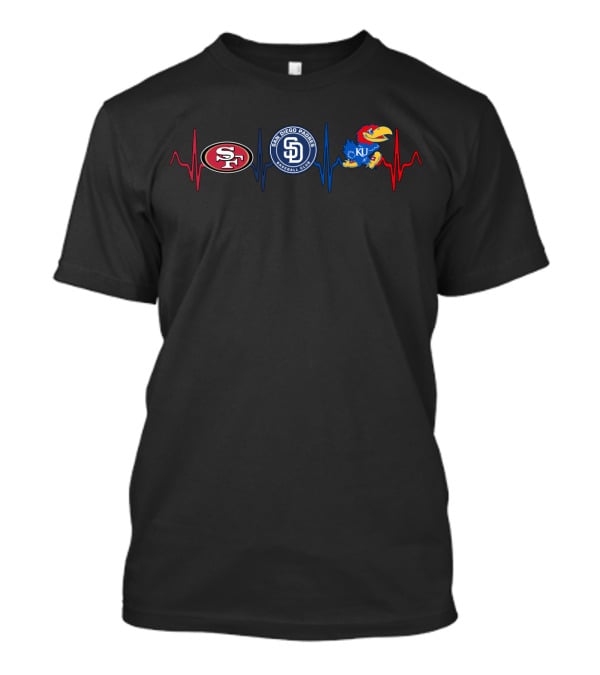 Love 49ers Padres Kansas Jayhawks Heartbeat T-Shirt