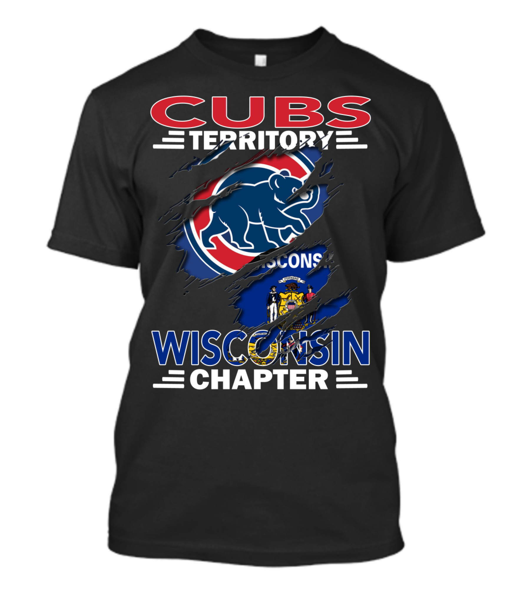 Cubs Territory Wisconsin Chapter Rip Design With Wisconsin State Flag Emblem T-Shirt
