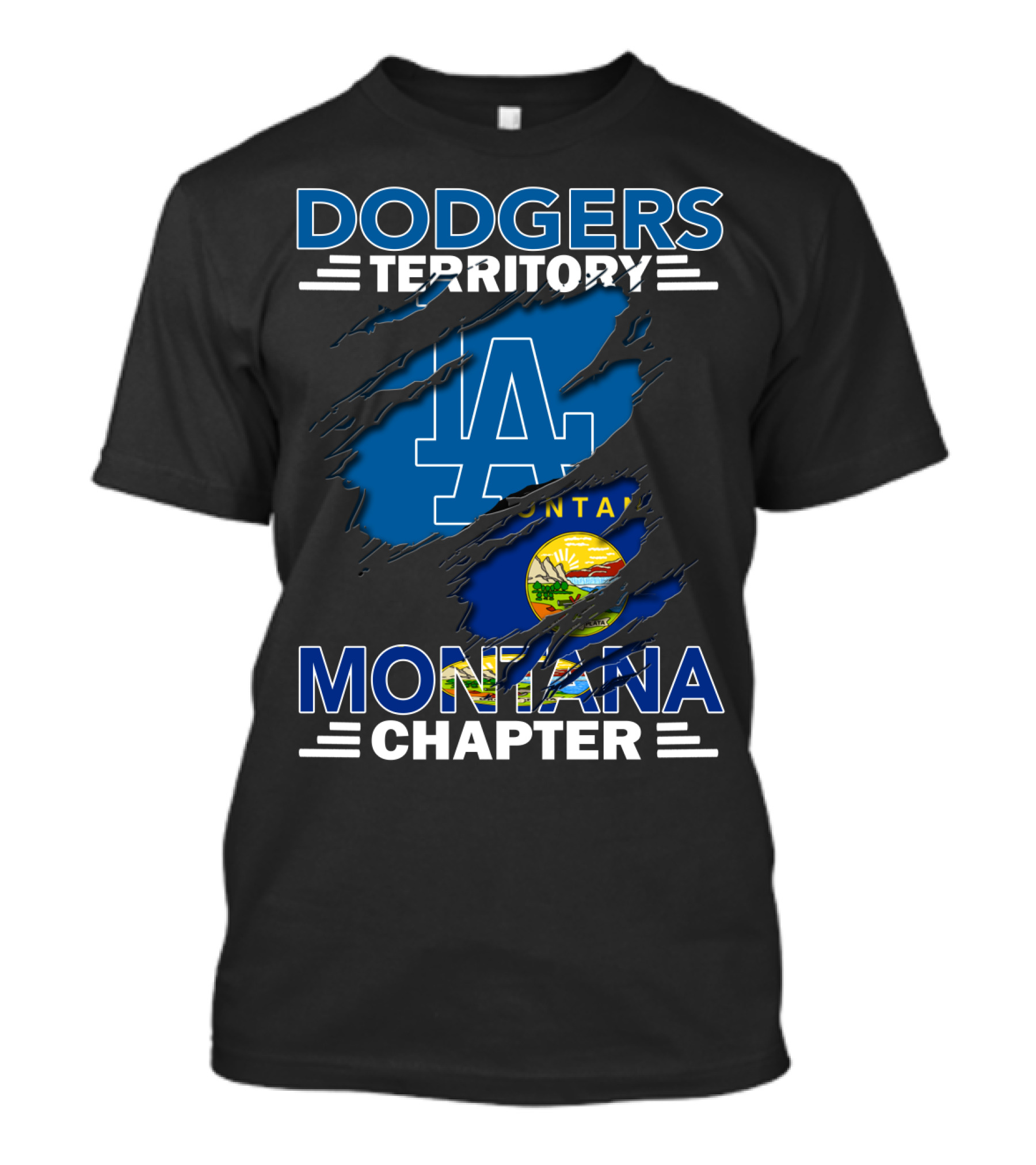 Dodgers Territory Montana Chapter LA Logo And Montana State Flag T-Shirt