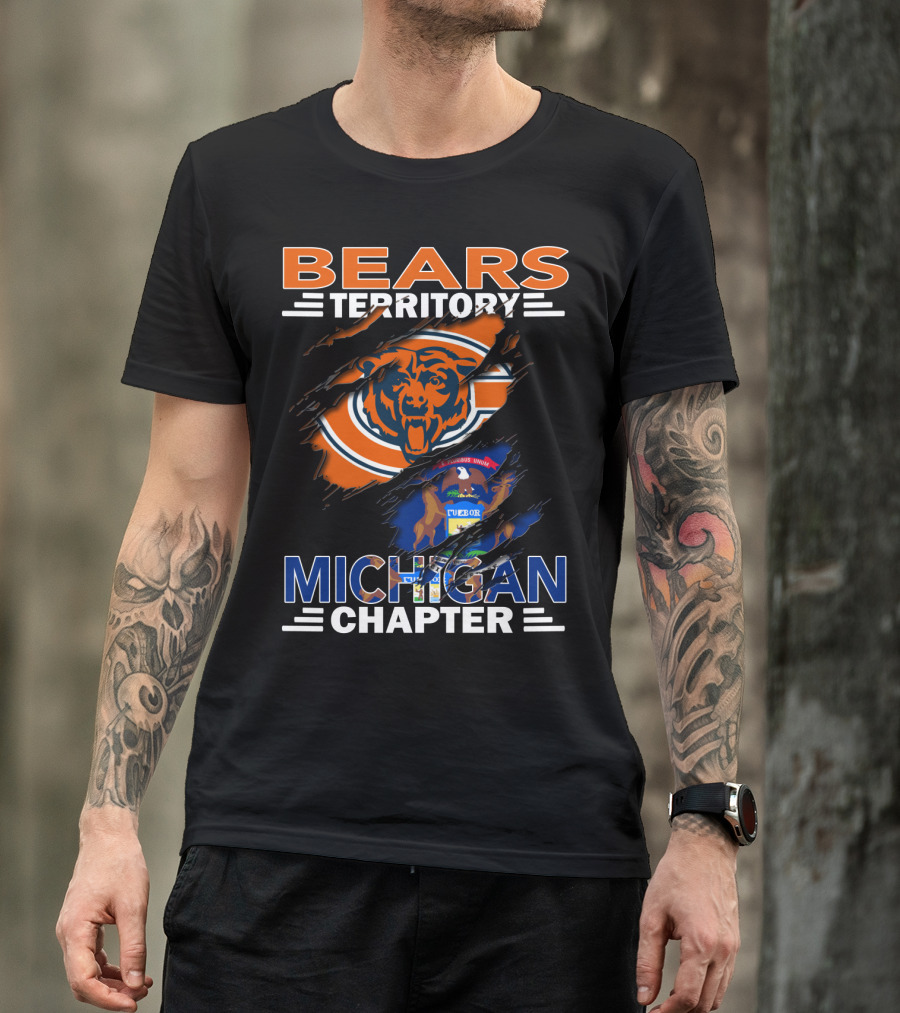 Bears Territory Detroit Michigan Chapter Logo Featuring Bear Mascot And State Flag T-Shirt