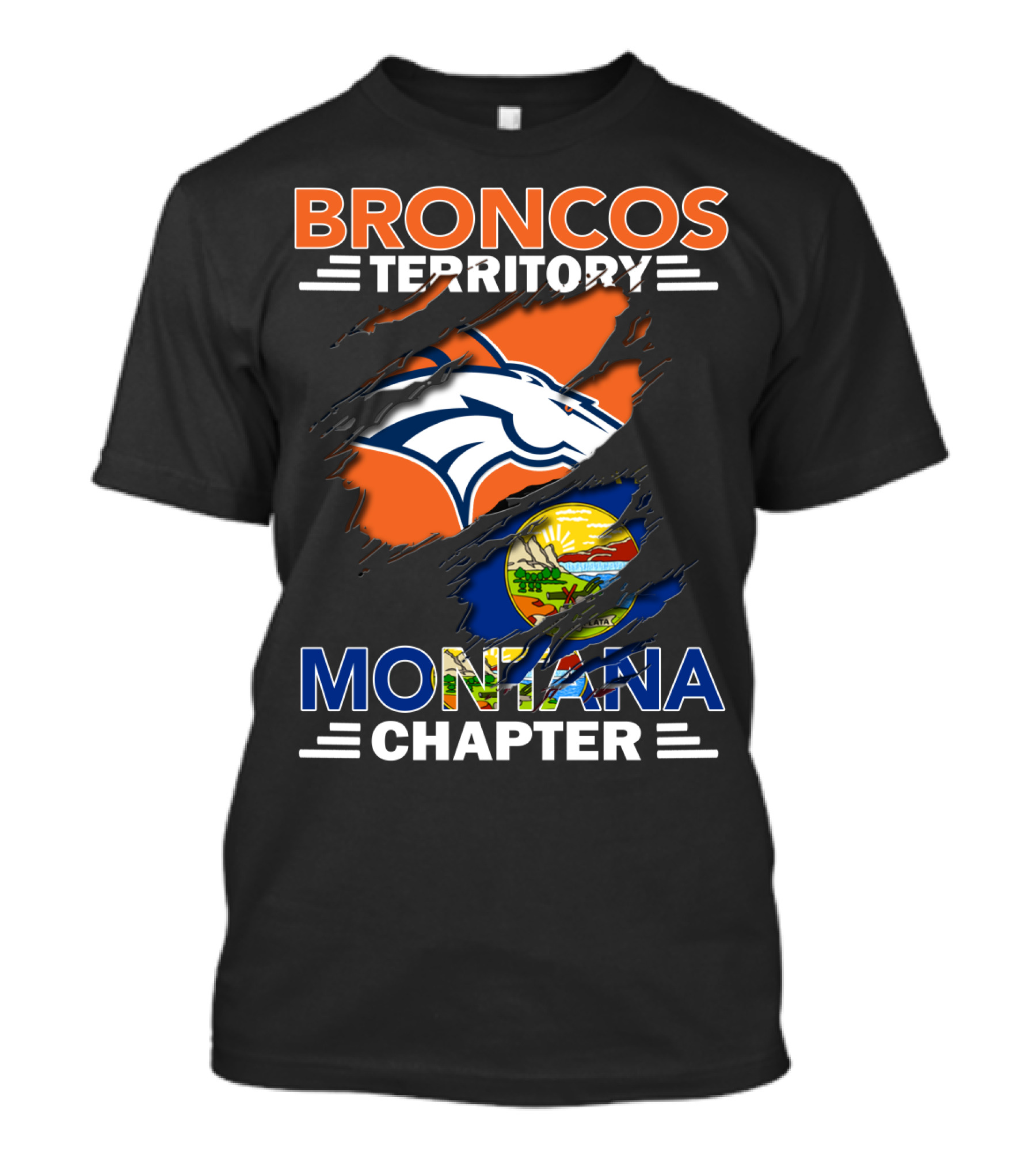 Broncos Territory Montana Chapter Denver Broncos Logo And Montana State Flag T-Shirt