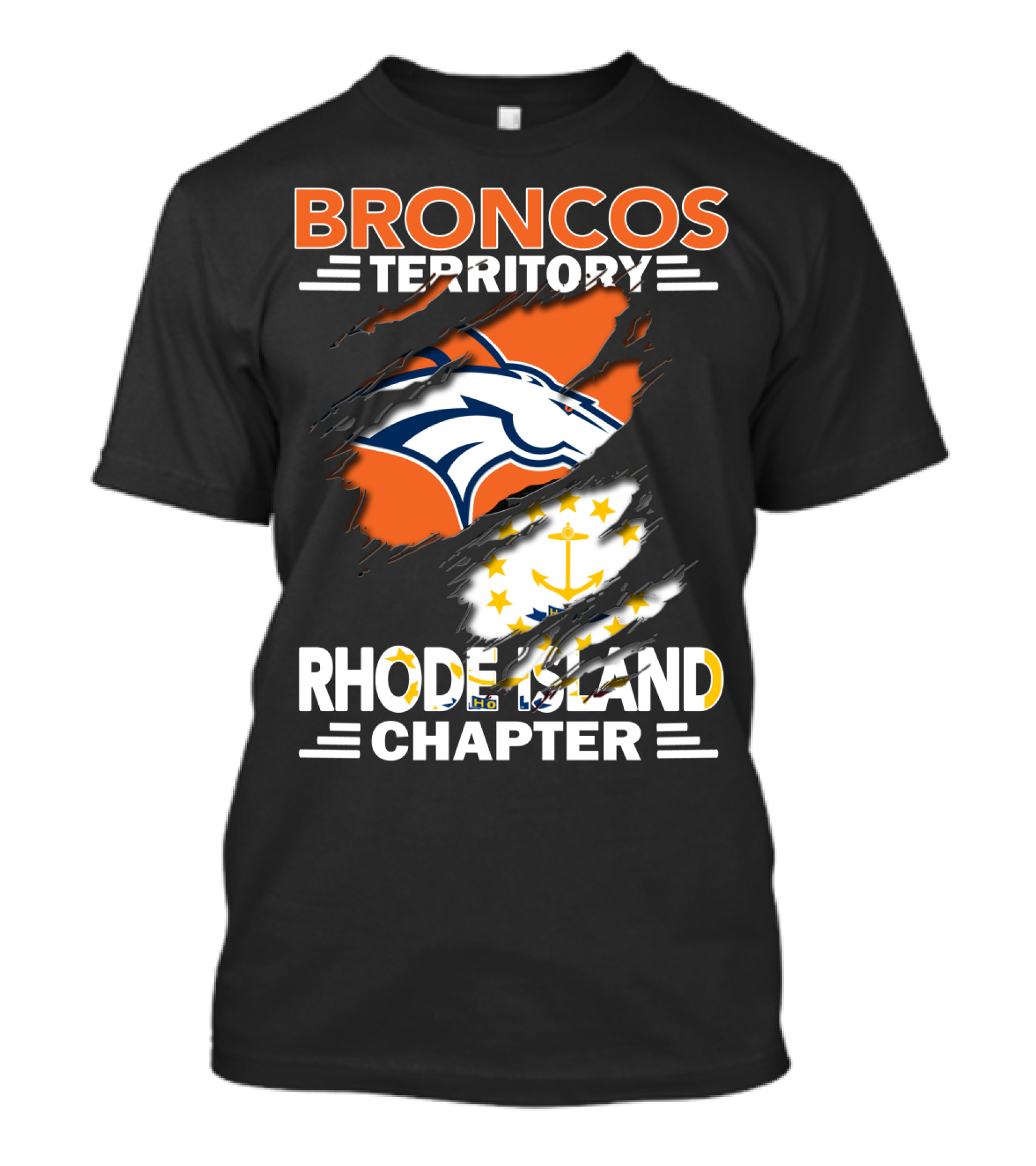 Broncos Territory Rhode Island Chapter Logo With Ripped Flag T-Shirt