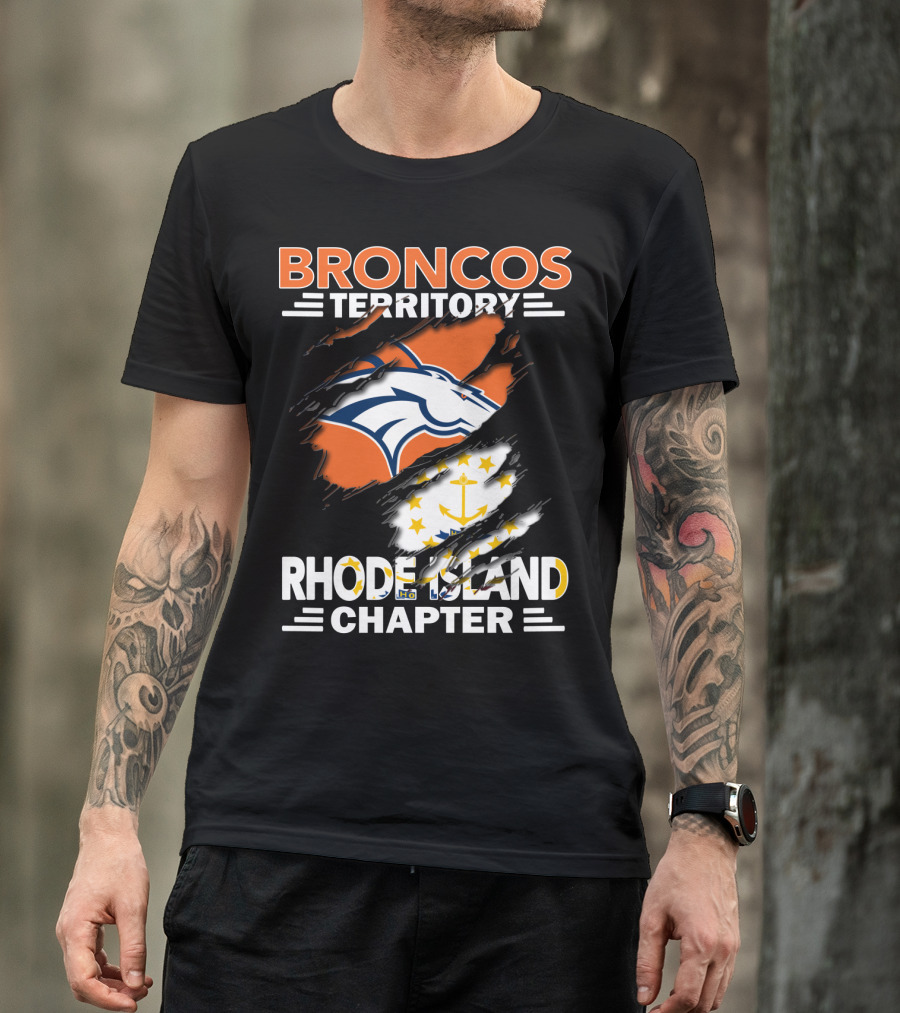 Broncos Territory Rhode Island Chapter Logo With Ripped Flag T-Shirt