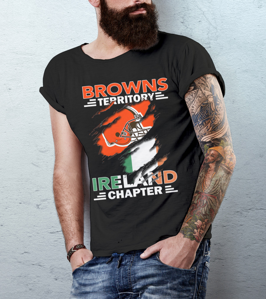 Browns Territory Ireland Chapter Helmet And Irish Flag Background T-Shirt