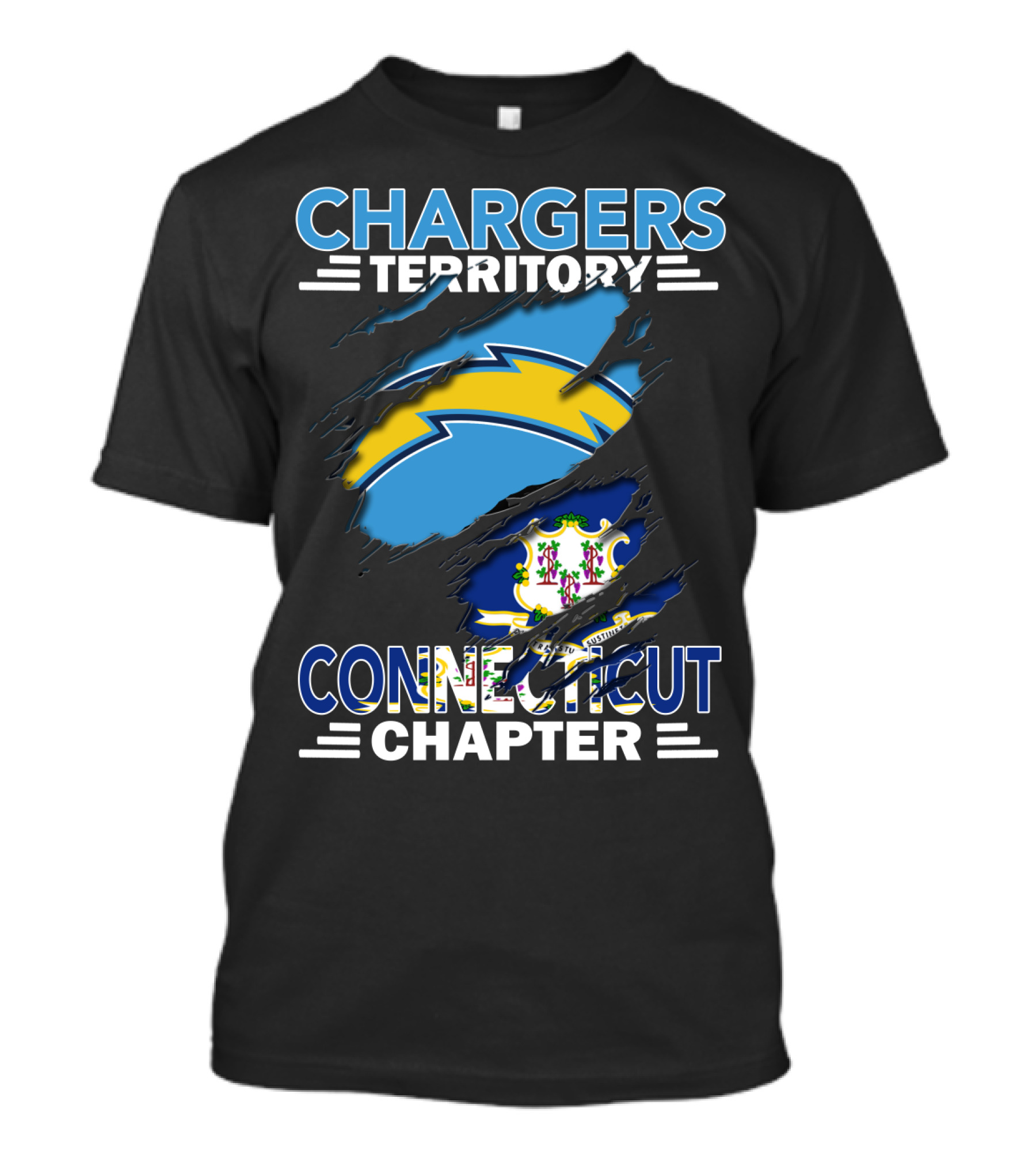 CHARGERS TERRITORY CONNECTICUT CHAPTER Chargers Logo Connecticut State Flag T-Shirt