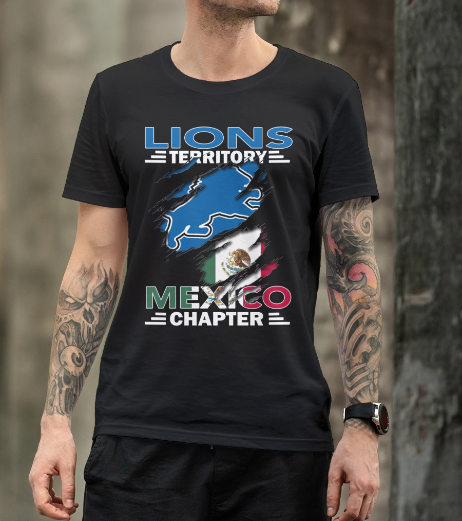 Lions Territory Mexico Chapter Blue Lion Silhouette And Mexican Flag T-Shirt