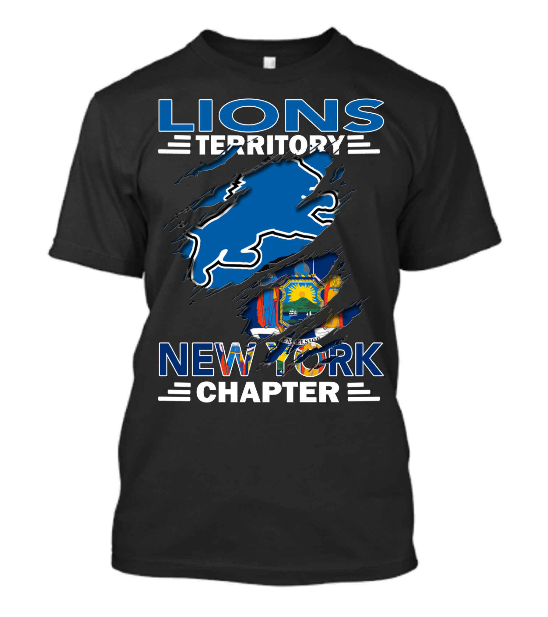 Lions Territory New York Chapter Blue Lion Silhouette Flag T-Shirt
