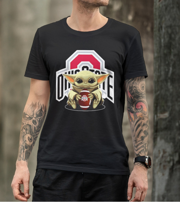 Baby Yoda Holding Ohio State Buckeyes Football T-Shirt