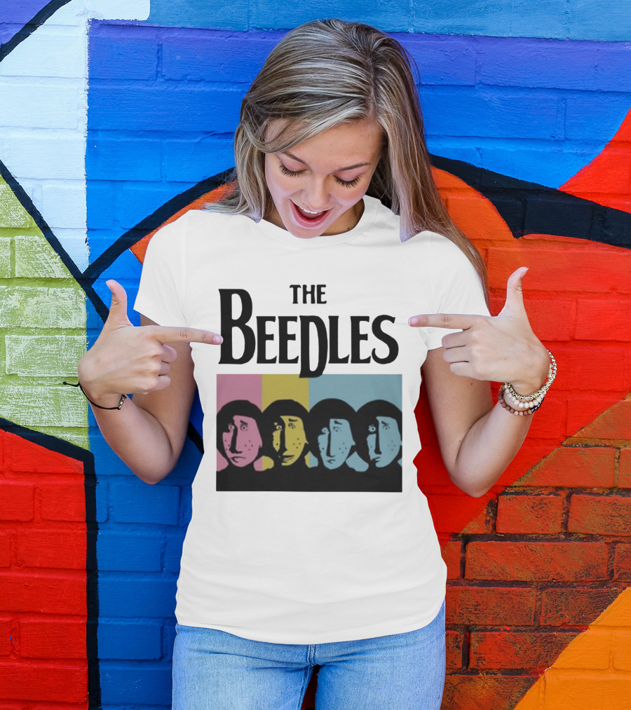 The Beedles Cartoon Pop Art Faces In Pink Yellow Blue T-Shirt