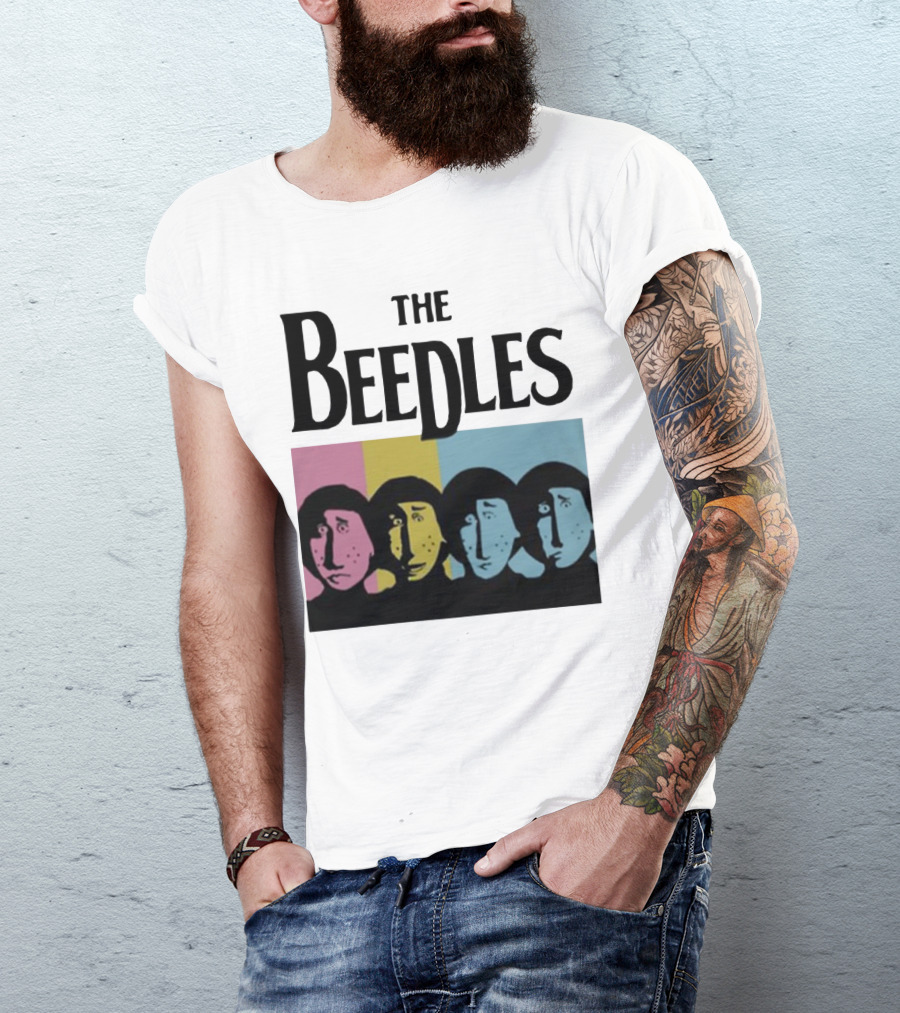 The Beedles Cartoon Pop Art Faces In Pink Yellow Blue T-Shirt