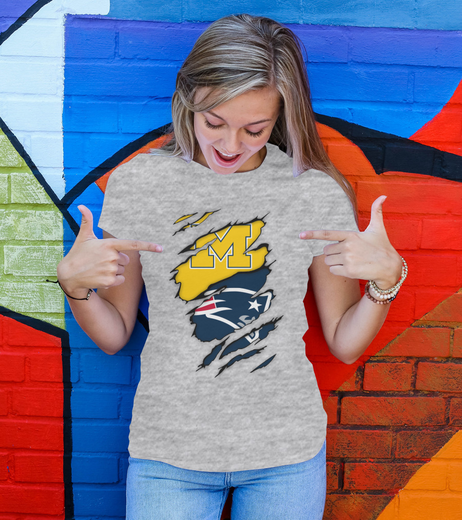 Michigan Wolverines New England Patriots Logo Mashup T-Shirt