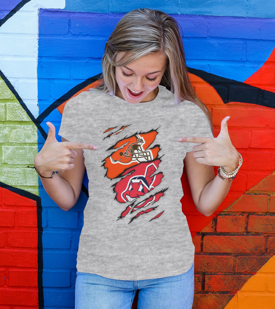 Cleveland Indians Browns Football Helmet Chief Wahoo Torn Rip T-Shirt