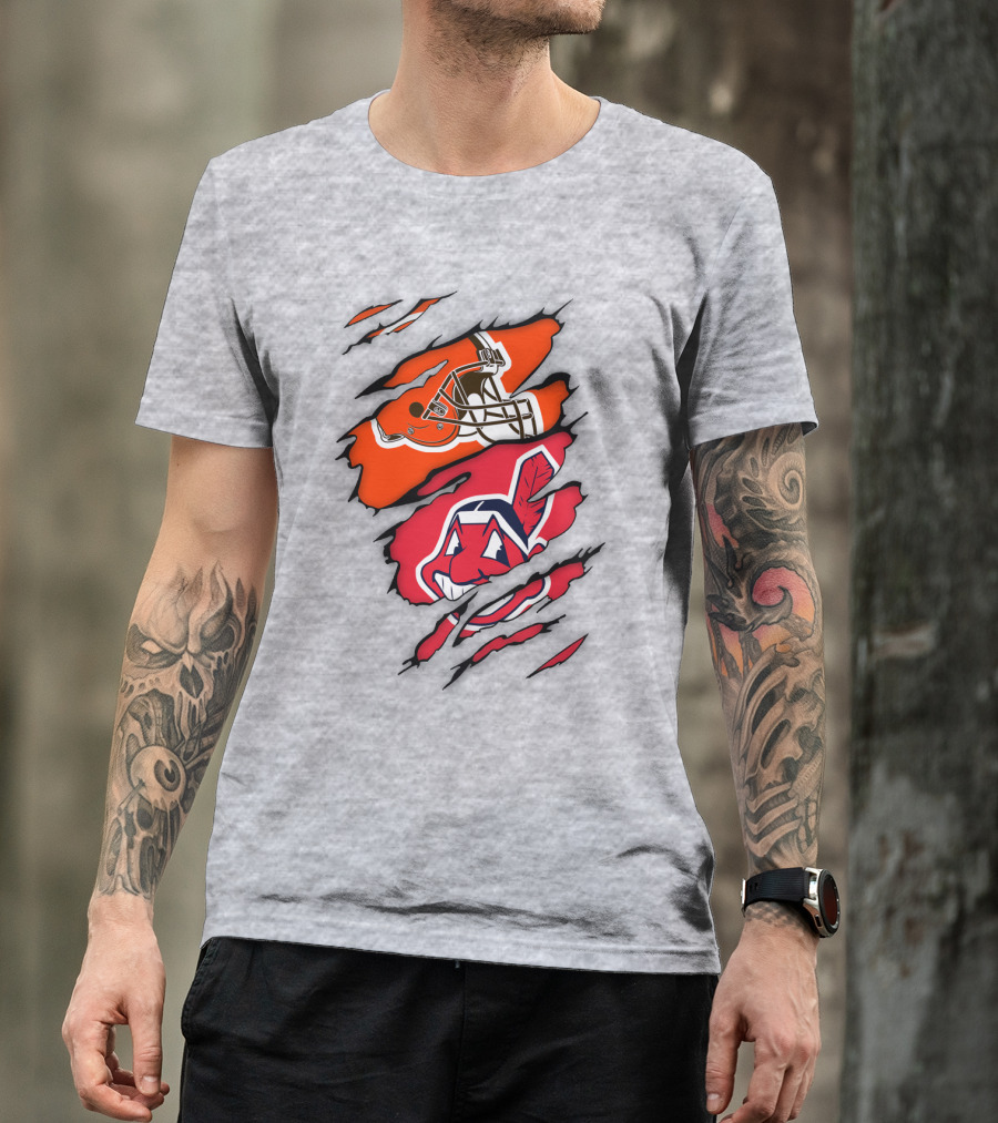Cleveland Indians Browns Football Helmet Chief Wahoo Torn Rip T-Shirt
