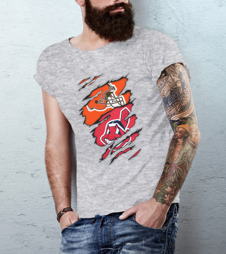 Cleveland Indians Browns Football Helmet Chief Wahoo Torn Rip T-Shirt
