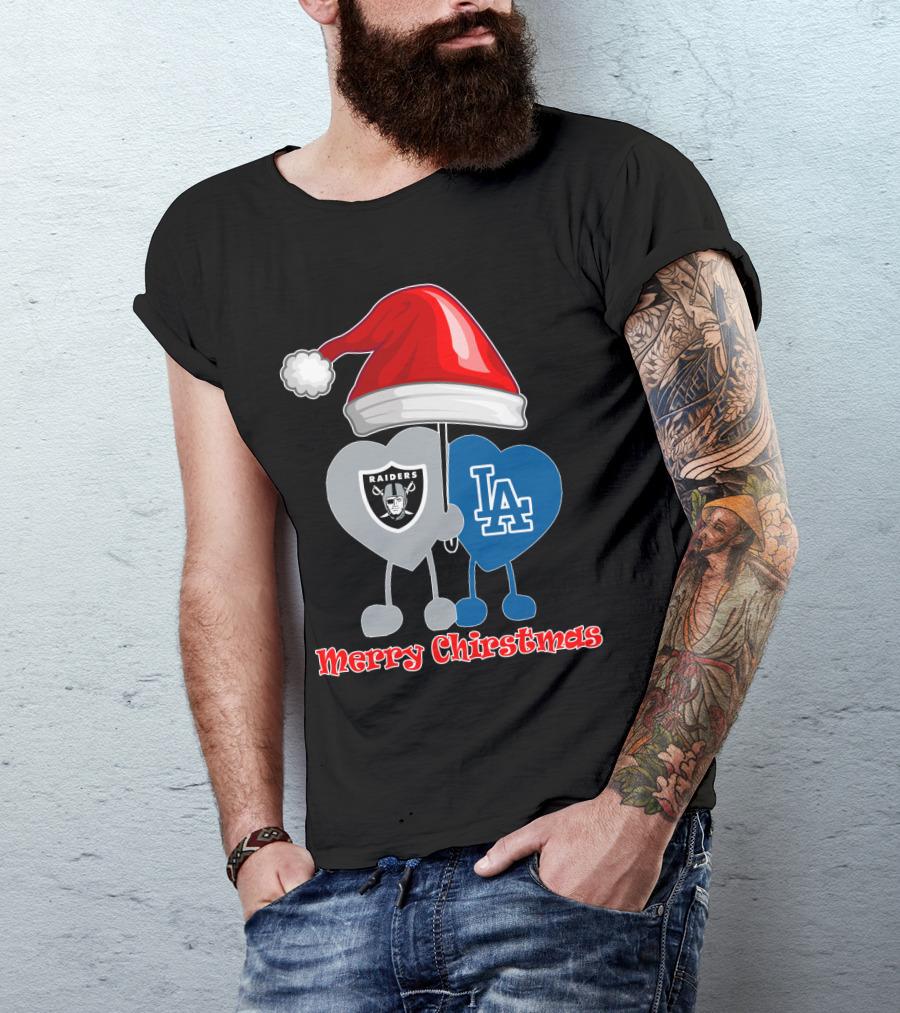 Merry Christmas Los Angeles Dodgers Oakland Raiders Santa Hat T-Shirt
